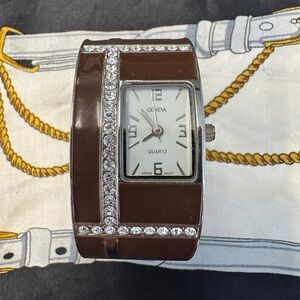 Geneva Women’s Brown Enamel Bangle Watch w/ Rhinestone Accents - New Battery